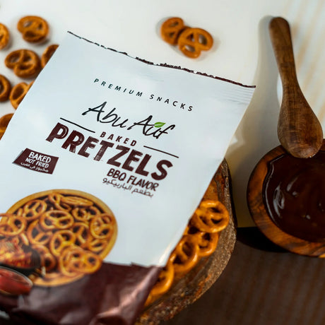 Abu Auf BBQ pretzels in wooden bowl and product bag by Elsouk