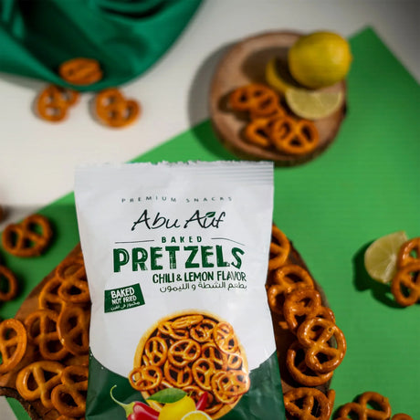 Pack and pretzels chili lemon flavor on green and white setup Elsouk