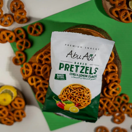 Abu Auf chili lemon pretzels pack styled with pepper and lemon Elsouk