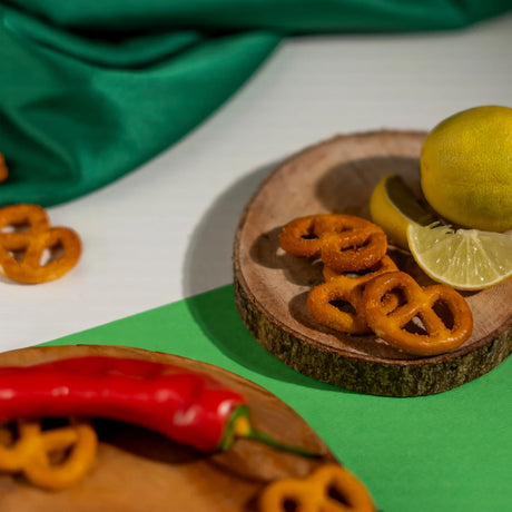 Closeup of chili lemon pretzels with whole lemon and chili Elsouk