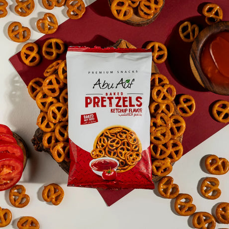Abu Auf ketchup flavor pretzels with pack in styled flat lay Elsouk