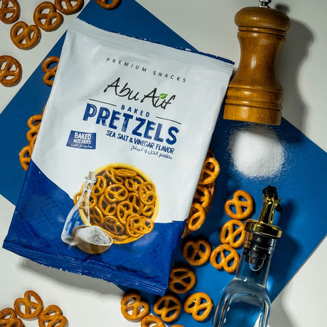 Abu Auf pepper pretzels with pack and condiments setup Elsouk