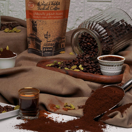 Coffee grounds with Shakk medium roast pack and cardamom by Elsouk