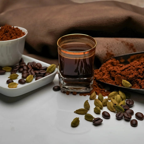 Cup of Arabic coffee with cardamom and spices setup from Elsouk