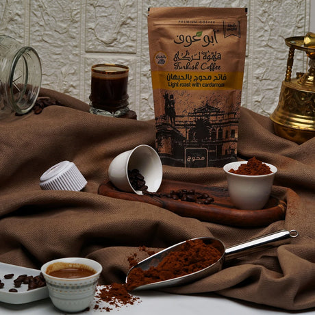 Coffee serving scene with Shakk light roast pack and cups Elsouk