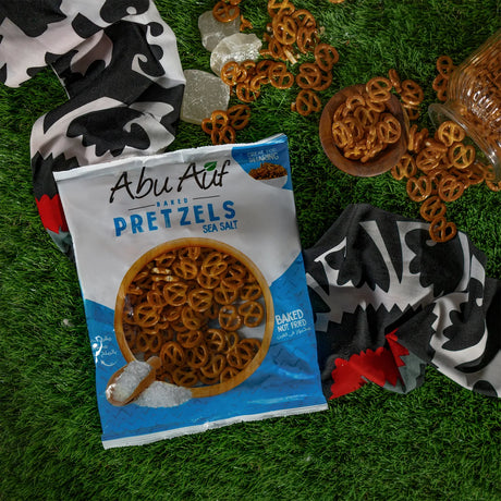 Abu Auf Pretzels sea salt bag with pretzel pieces around at Elsouk