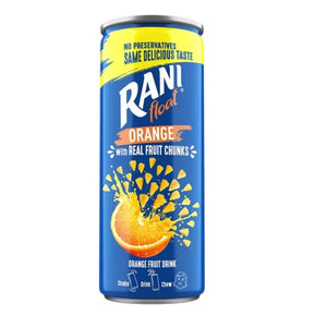 RANI Orange Drink 240ml bottle with bright orange liquid and label showing fresh orange slices and brand logo.