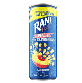 RANI Peach Drink 240ml in a clear plastic bottle, showcasing the peach-flavored beverage with vibrant label design.