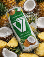 V7 Piña Colada Sparkling Drink 300ml bottle with vibrant pineapple and coconut flavor label, carbonated beverage in clear glass