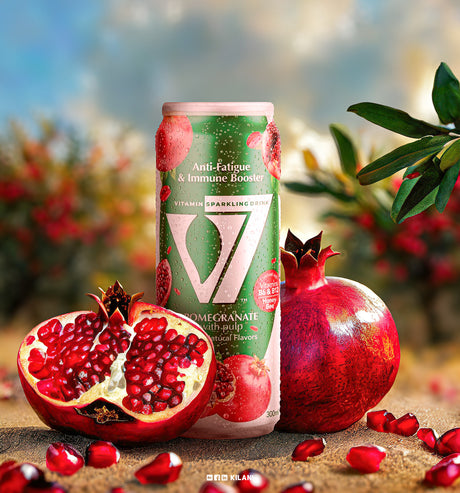 V7 Vitamin Sparkling Drink Pomegranate 300ml bottle featuring a vibrant label with fresh pomegranate images and sparkling water.