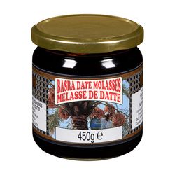 Bottle of Basra Date Molasses in 450g size, dark syrup made from dates, shown in a clear container with a dark, rich appearance.