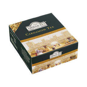 Ahmad Tea Cardamom tea box with green and gold packaging featuring images of cardamom pods and tea leaves.