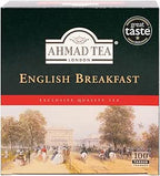 A box of Ahmad Tea English Breakfast Tea with tea bags inside, featuring classic packaging and branding.