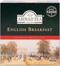 A box of Ahmad Tea English Breakfast Tea with tea bags inside, featuring classic packaging and branding.