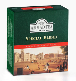 A box of Ahmad Tea Special Blend Tea with assorted tea bags displayed in a natural setting.