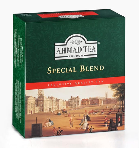 A box of Ahmad Tea Special Blend Tea with assorted tea bags displayed in a natural setting.