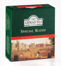 A box of Ahmad Tea Special Blend Tea with assorted tea bags displayed in a natural setting.