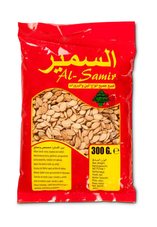 Al Samir Super Seeds with melon seeds in a clear plastic bag, 300g, ready for planting or snacking.