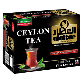 Alattar Ceylon Tea in a tea bag with dried Ceylon tea leaves, showcasing the premium tea brand Alattar.