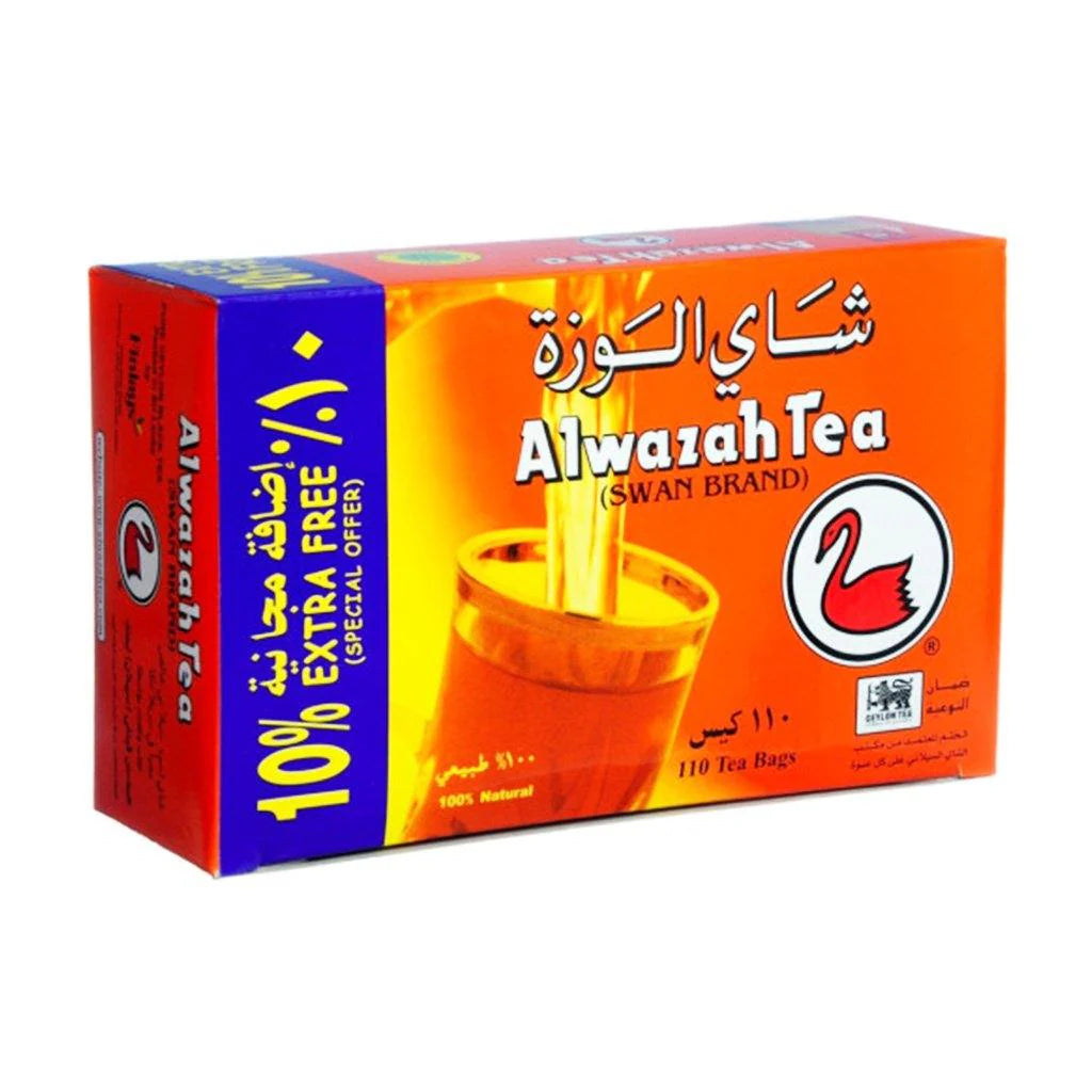 Box of Alwazah Tea from Alwazah brand, featuring tea bags inside in a green and white packaging design.