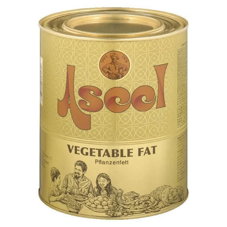Aseel Vegetable Ghee jar with a label, showcasing the Aseel brand and the clear container of golden vegetable ghee inside.