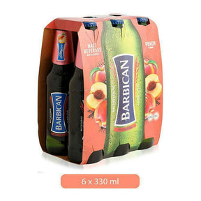 Barbican Peach canned fruit in syrup, showing a close-up of juicy peach slices in a can with label.