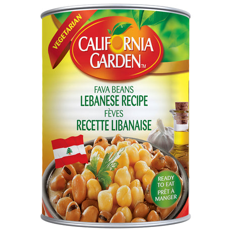 Canned Lebanese Fava Beans from California Garden, featuring green fava beans in a clear can with label visible.