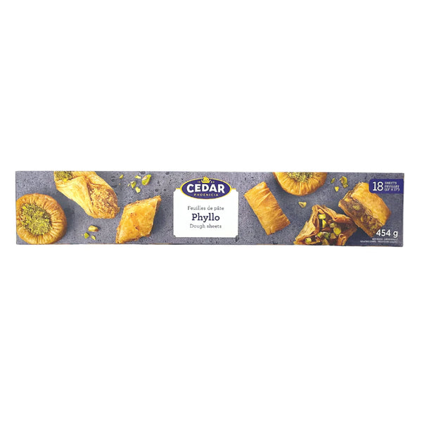 Thin sheets of Cedar brand phyllo dough layered on a baking tray, ready for baking or filling for desserts or savory dishes.
