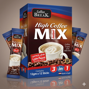 Coffee Break 3-in-1 instant coffee mix sachets, 12-pack of 12g each, showing individually packaged coffee blend on a white background.