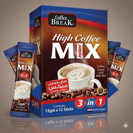 Coffee Break 3-in-1 instant coffee mix sachets, 12-pack of 12g each, showing individually packaged coffee blend on a white background.