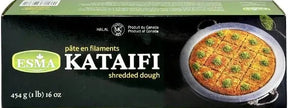 Golden ESMA Kataifi shredded pastry, ready for baking or dessert preparation, shown in a close-up image.