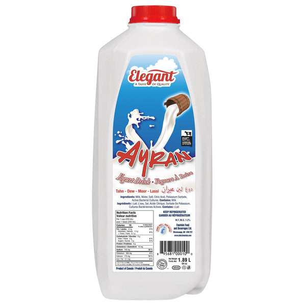 Elegant Ayran yogurt drink in 1.89L bottle, creamy and refreshing Turkish dairy beverage with smooth texture.