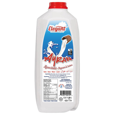 Elegant Ayran yogurt drink in 1.89L bottle, creamy and refreshing Turkish dairy beverage with smooth texture.