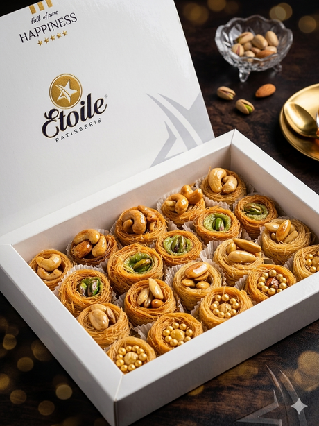 Etoile Konafa Asawer Mix Plate with stuffed Nutella and pistachios, 500g, featuring golden, flaky layers and colorful presentation.
