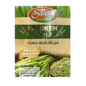 Whole green wheat freekeh from Salem, showing dry, green wheat grains in a natural close-up image.