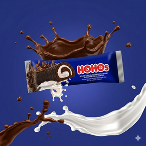 Hostess HoHos rolled chocolate cake, featuring a spiral of chocolate sponge and creamy filling, displayed on a neutral background.
