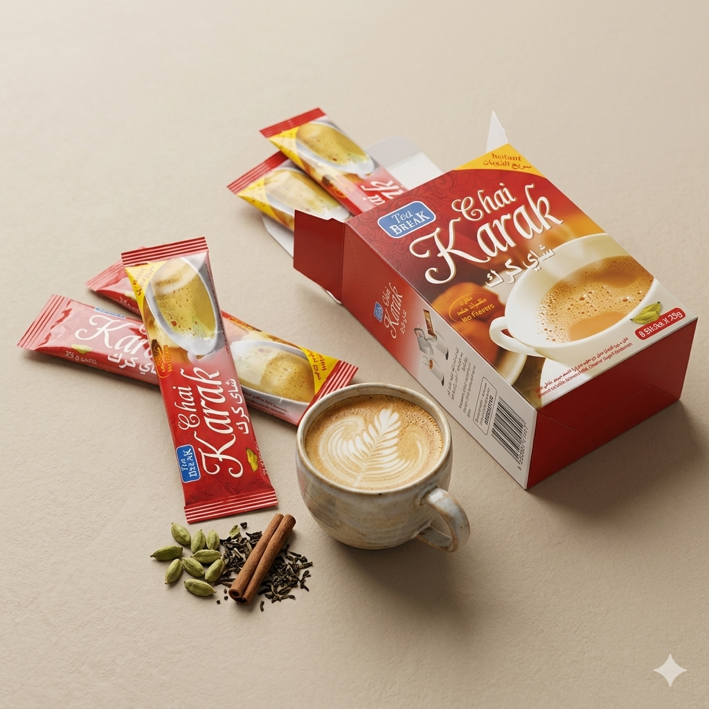 Instant Karak Chai tea from Coffee Break, 8 packs of 25g each, featuring rich, brewed-style tea in a convenient pack.