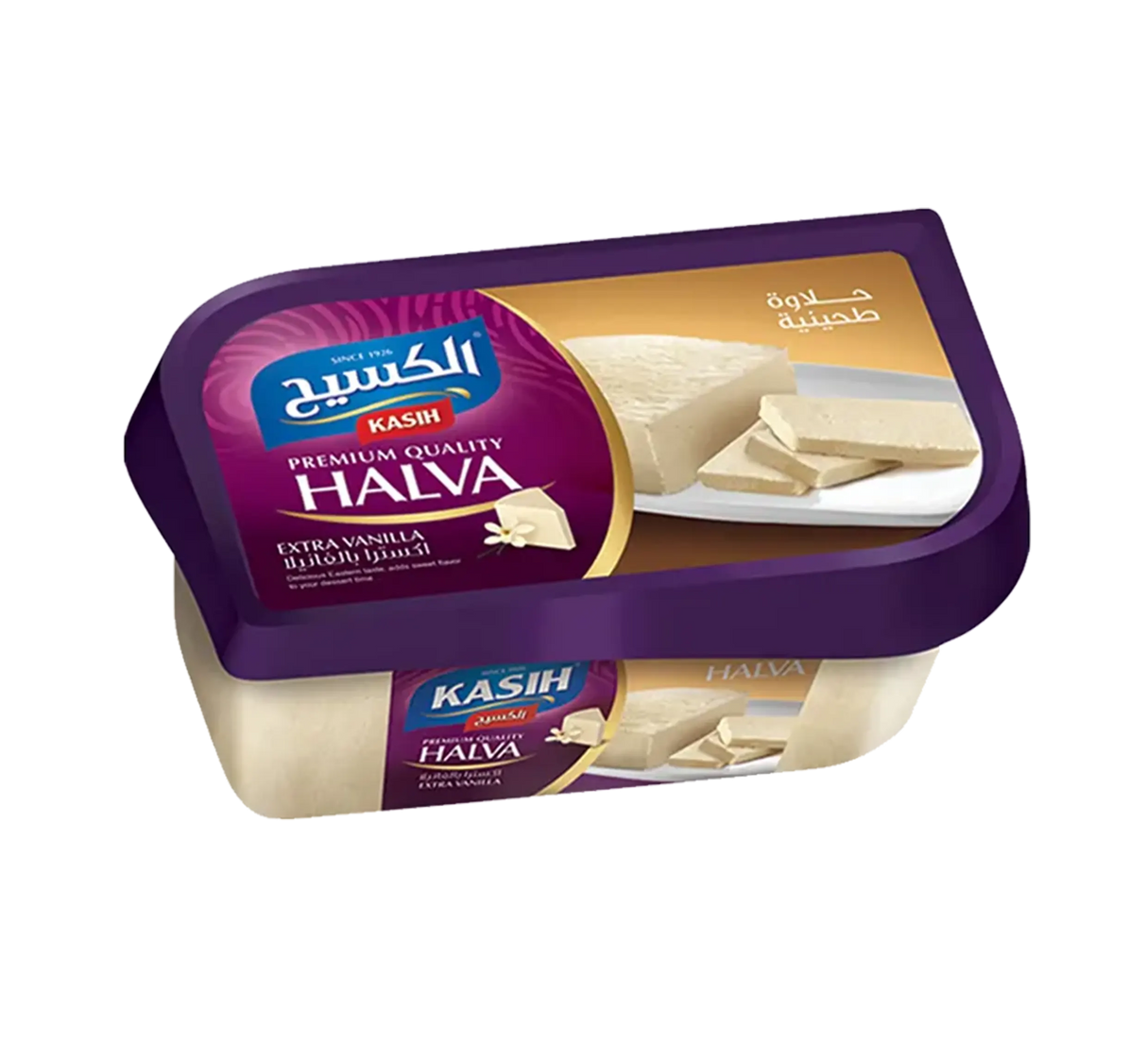 Kasih Halva Plain with vanilla flavor, showing a creamy, textured halva dessert with vanilla beans on a plate.