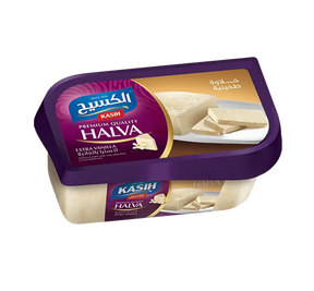 Kasih Halva Plain with vanilla flavor, showing a creamy, textured halva dessert with vanilla beans on a plate.