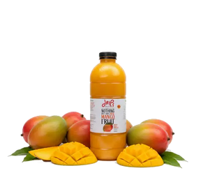 A glass of Mango Ewaies Chunky Smoothie by Drips with visible mango chunks and a vibrant orange color, served in a clear glass.