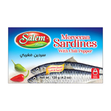 Salem Moroccan sardines with chili pepper in a can, showcasing the fish fillets with chili flakes and vibrant spices.