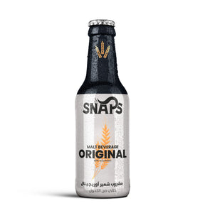Snaps, Non-Alcoholic Malt Drink, Original Flavor, 250ml, Made in Egypt, glass bottle with black and silver label, upright on white background, available at Elsouk Canada