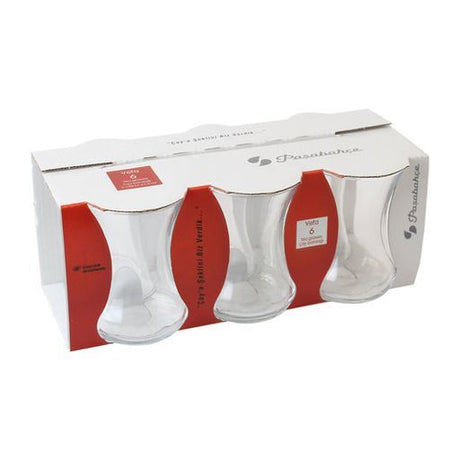 Six Paşabahçe tea cups set with clear glass design, ideal for serving hot beverages in elegant style.