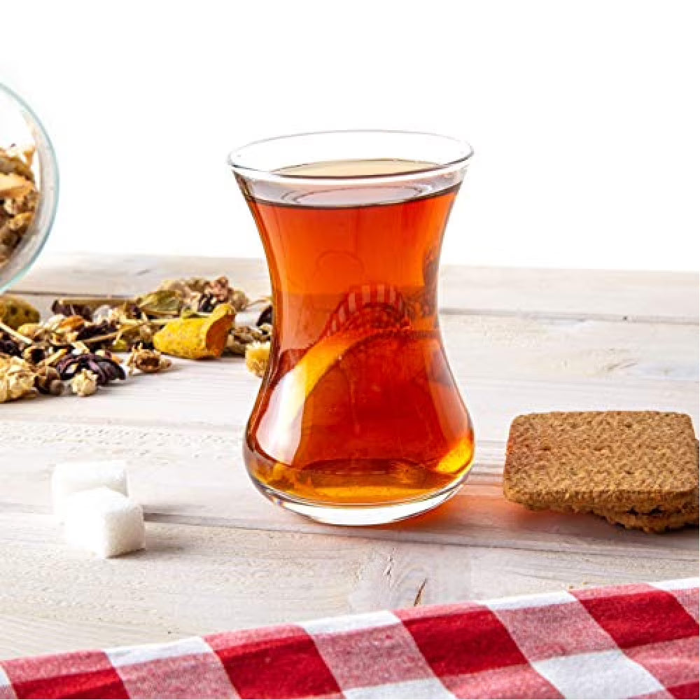 Set of six Paşabahçe tea cups with clear glass design, perfect for serving hot beverages in a stylish and elegant way.