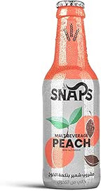 Snaps, Non-Alcoholic Malt Drink, Peach Flavor, 250ml, Made in Egypt, glass bottle with soft peach design, available at Elsouk Canada
