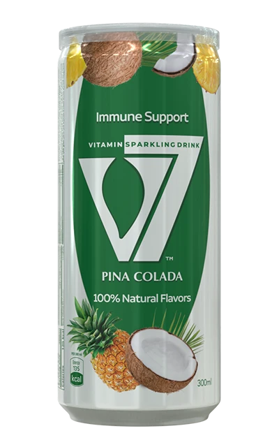 V7 Piña Colada sparkling drink in a 300ml bottle with a pineapple and coconut flavor, showcasing the refreshing beverage.