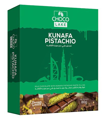 Choco Lake Dubai Chocolate 80g bar with pistachio and kunafa, showcasing a rich, layered dessert-inspired confection.