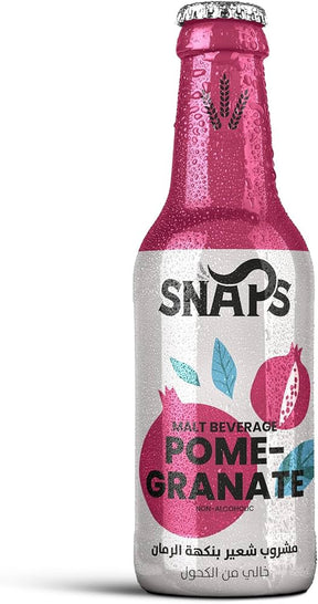 Snaps, Non-Alcoholic Malt Drink, Pomegranate Flavor, 250ml, Made in Egypt, glass bottle with deep red design, available at Elsouk Canada