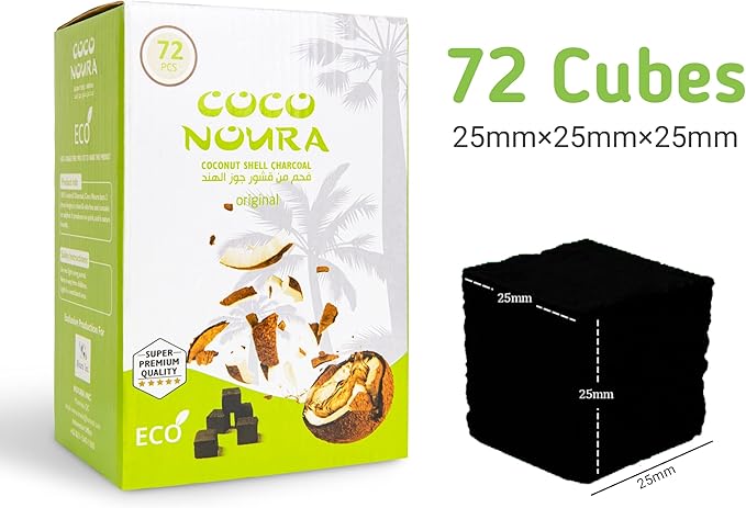 Noura premium coconut charcoal cubes for hookah, natural coconut shell briquettes, 72-piece pack, suitable for incense and smoking.