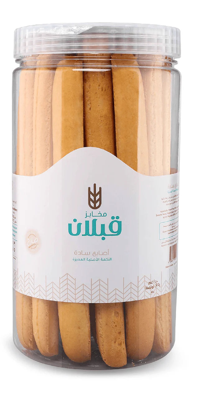 Qabalan plain bread sticks arranged on a white plate, showcasing crispy, golden-brown snack sticks ideal for snacking or dipping.